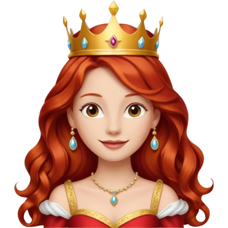 Red Haired Princess, Elegant Princess – long wavy red hair, gold crown, red-white gown, calm smile. emoji