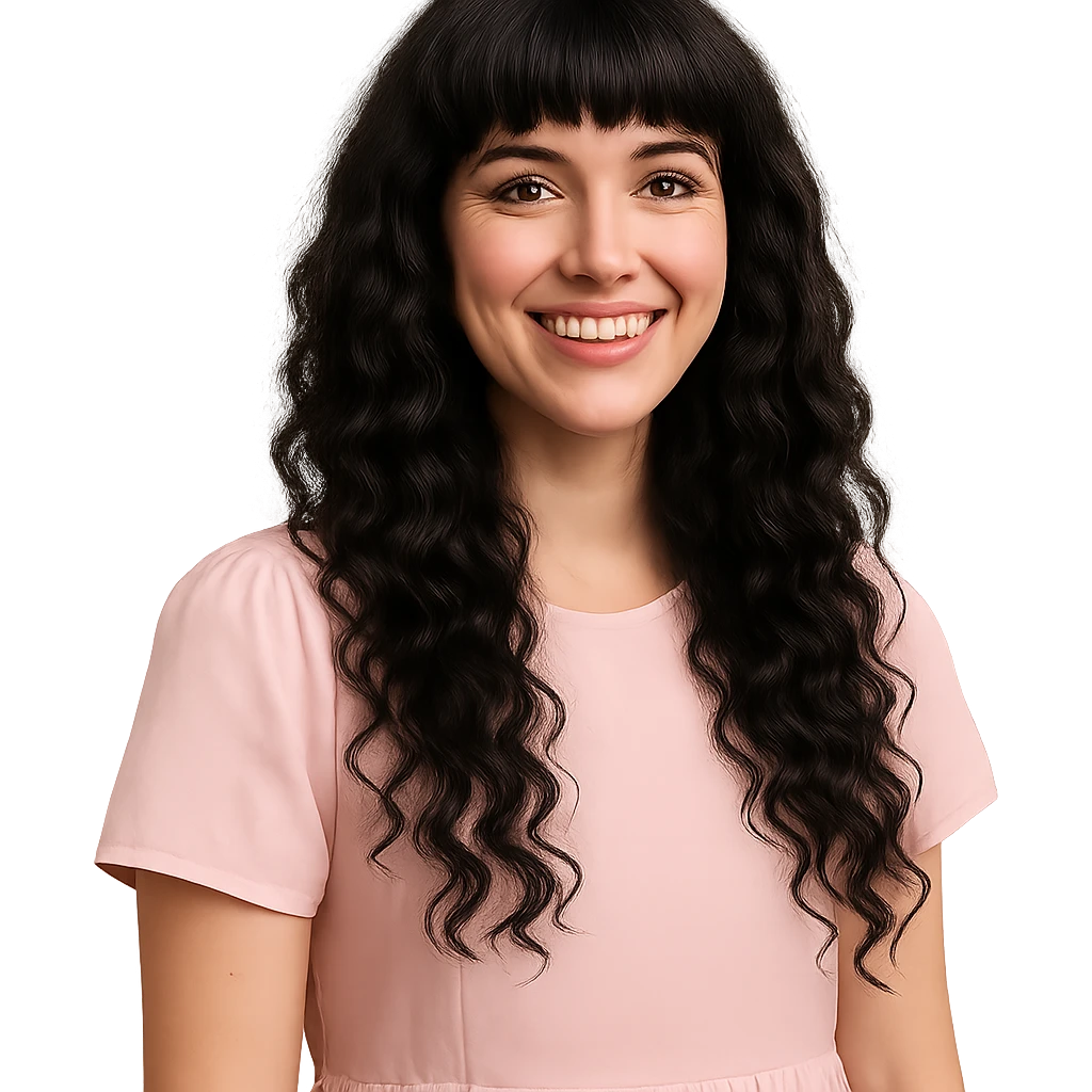 white woman with long black curly hair and bangs, dark brown eyes, pastel pink dress, smiling emoji