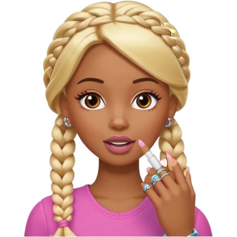 brown skin blonde barbie with two braids in front biting fingernail with long French tips  emoji