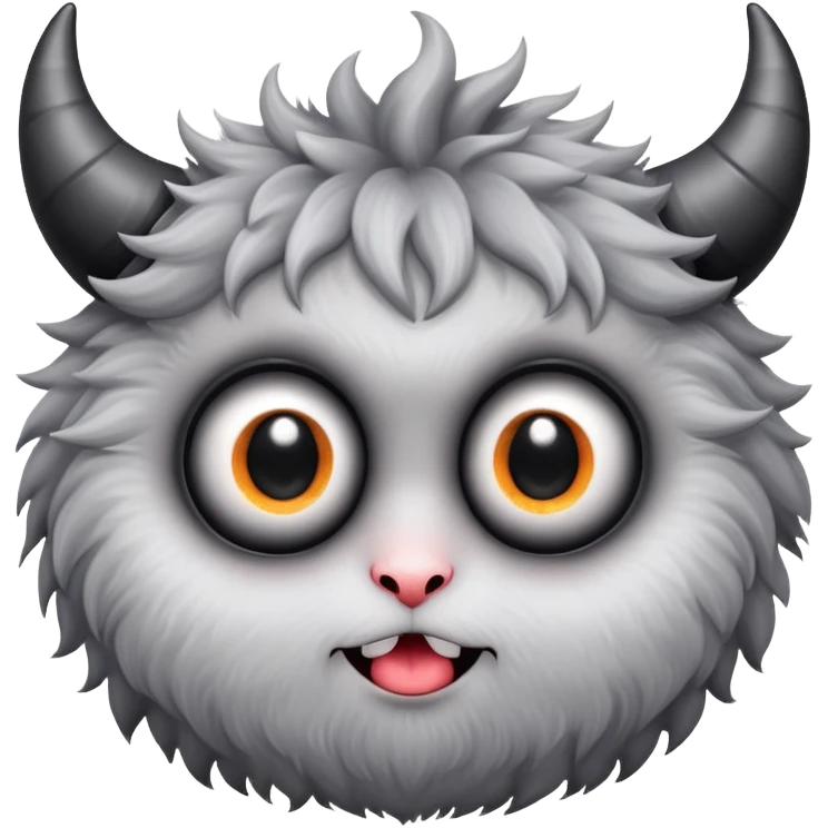 Fluffy grey black ball with innocent looking big eyes and devils horns emoji