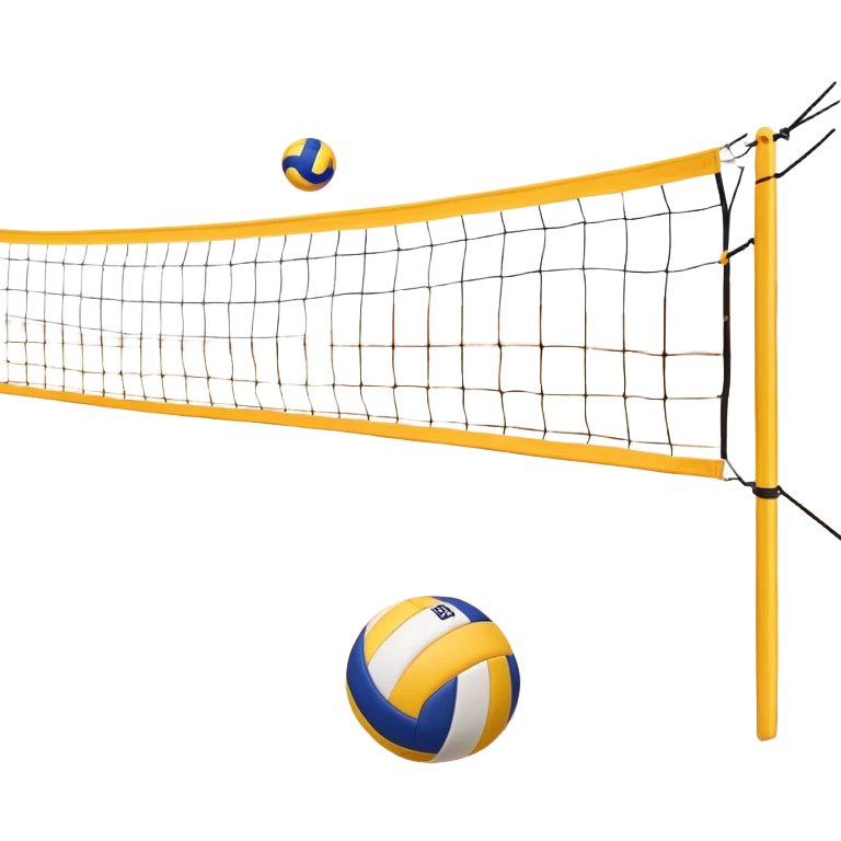A close-up volleyball net with a ball hovering above it, set against the backdrop of a sandy volleyball court. The scene highlights the tension of an impending play, with the court lines clearly visible and a bright, sunny atmosphere surrounding the action. emoji