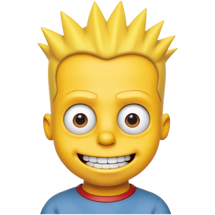 3D emoji head-only, smooth plastic, soft studio light, big round eyes, bold outline, centered, transparent bg,
Bart Simpson, yellow skin, nine short hair spikes, mischievous grin, overbite emoji