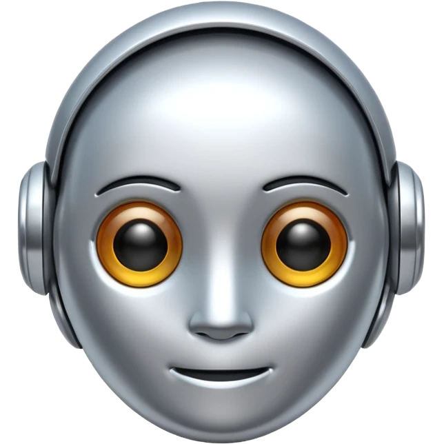 A cute futuristic robot emoji made of silver chrome, rounded friendly body, minimal facial features, glossy metallic surface, soft reflections, iOS emoji style, centered, clean white background emoji