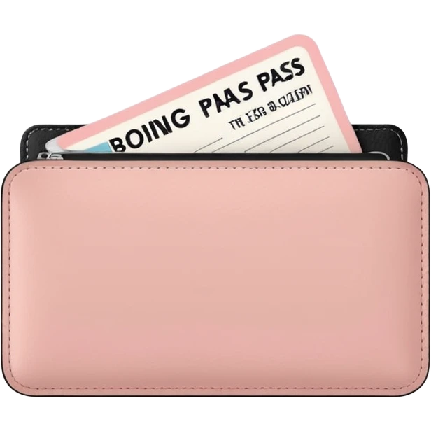 Pastel pink boarding pass tucked inside a beige leather wallet, clean and minimal emoji
