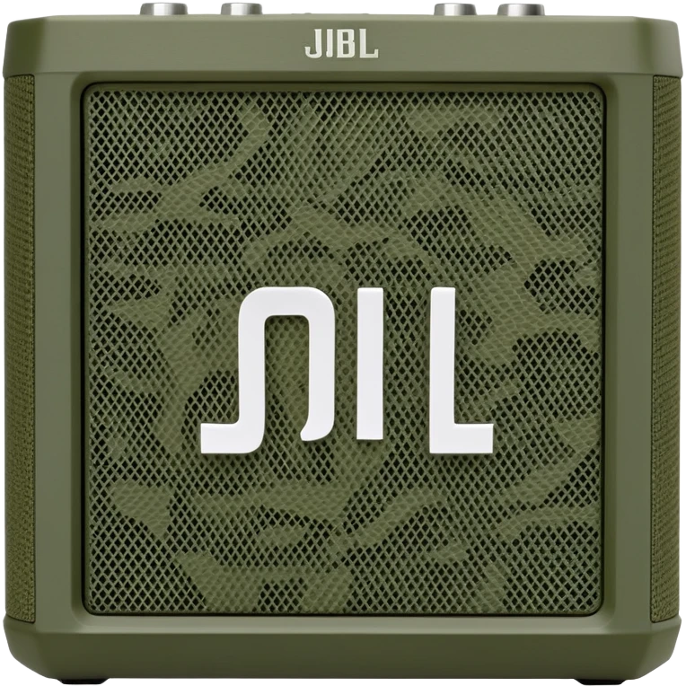 JBL Go 4 in woodland camouflage, simplified design, front view showing speaker grill, modern minimal approach, military style emoji