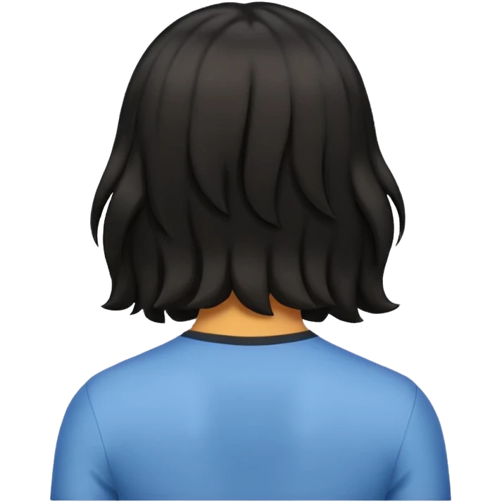 back view of a male with shoulder-length wavy black hair, emoji style emoji