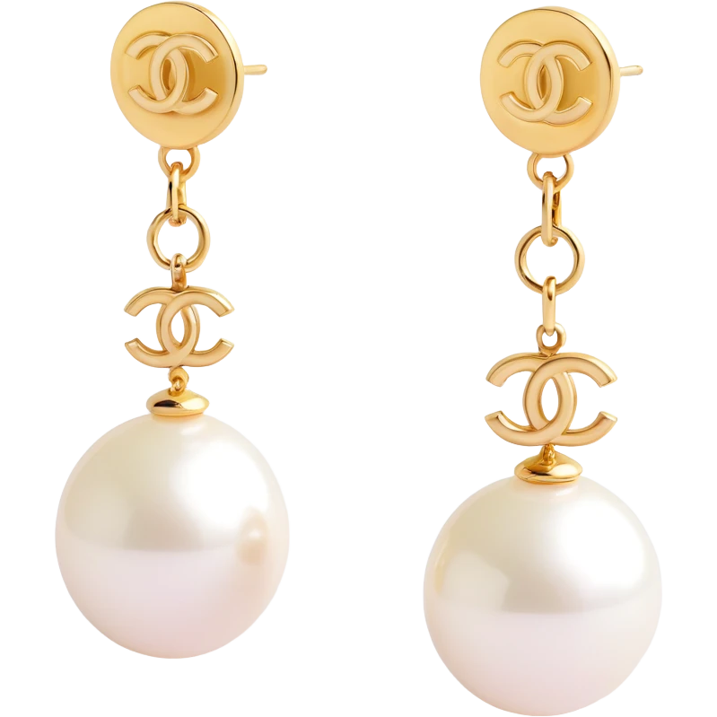 3D emoji-style pearl drop earrings with a small gold Chanel logo charm, elegant emoji