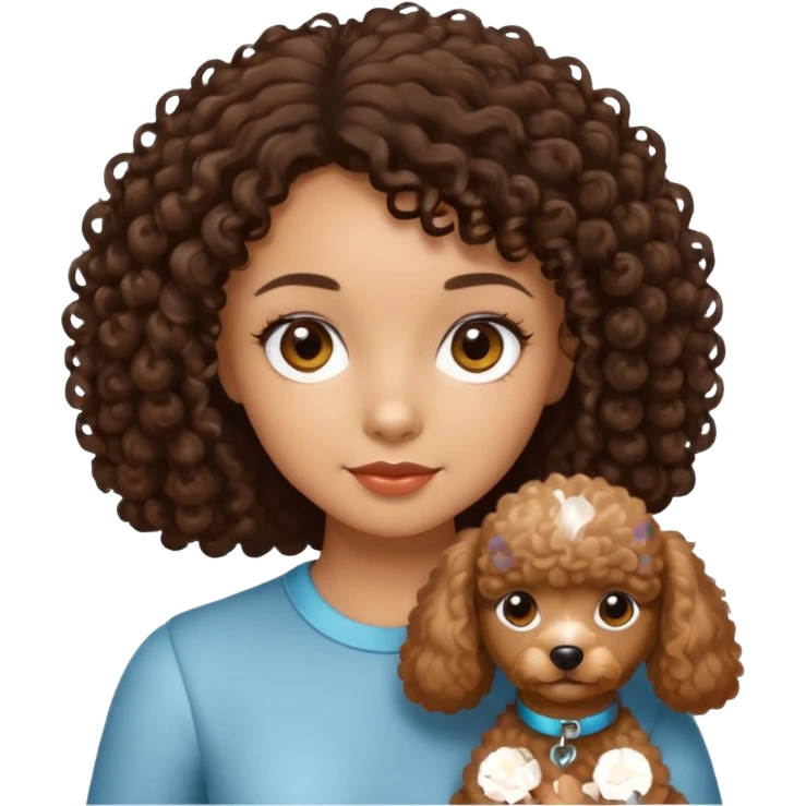 Medium skin toned girl with brown-black curly hair with brown eyes holding a light brown miniature poodle emoji