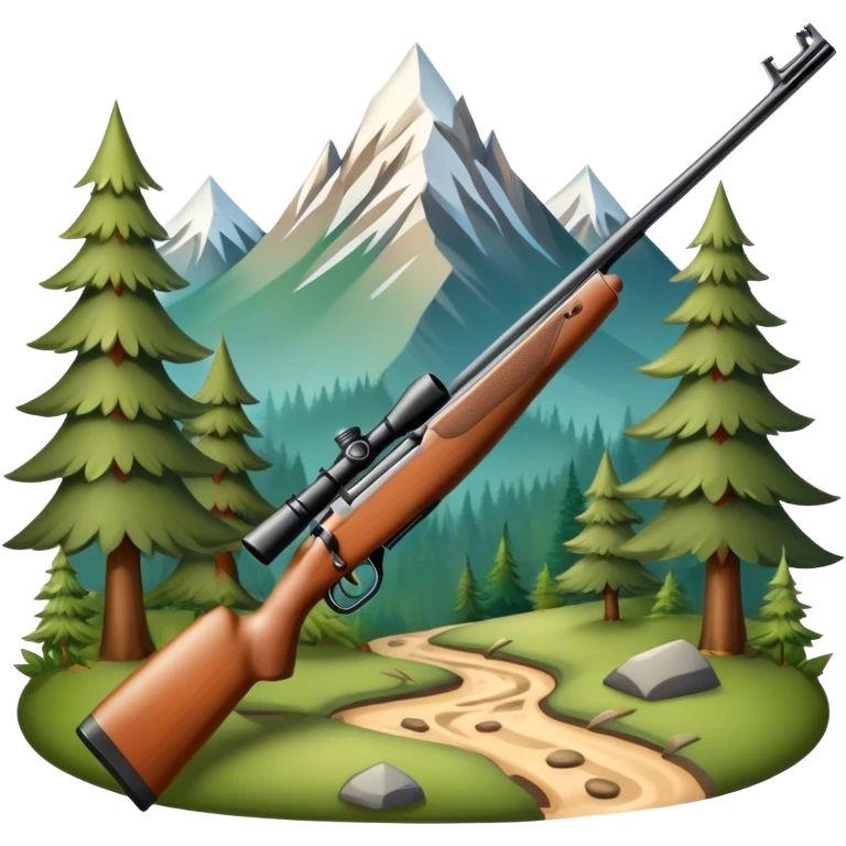Icon for Hunting Tourism: hunting rifle, surrounded by nature elements like trees, mountains, and wildlife tracks. The icon should represent the adventure and exploration of hunting tourism. Transparent background. emoji