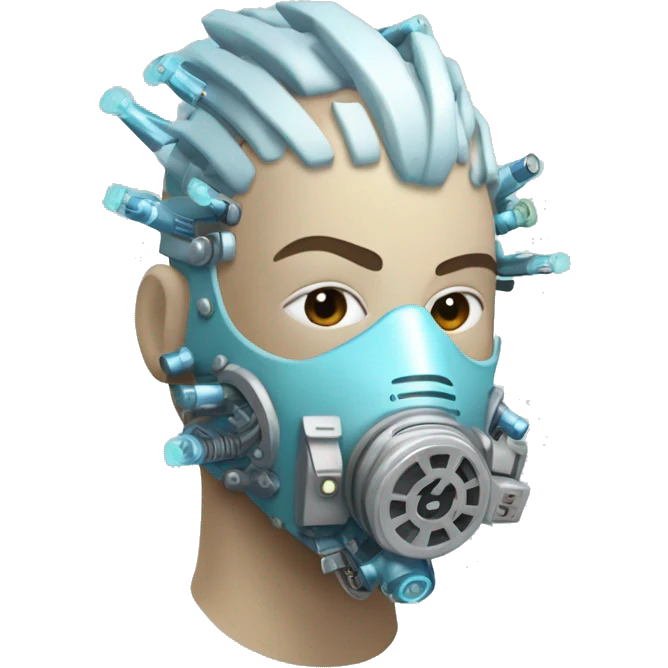 Pastel blue Mohawk cyborg head with silver respirator mask, goatee and circuits emoji