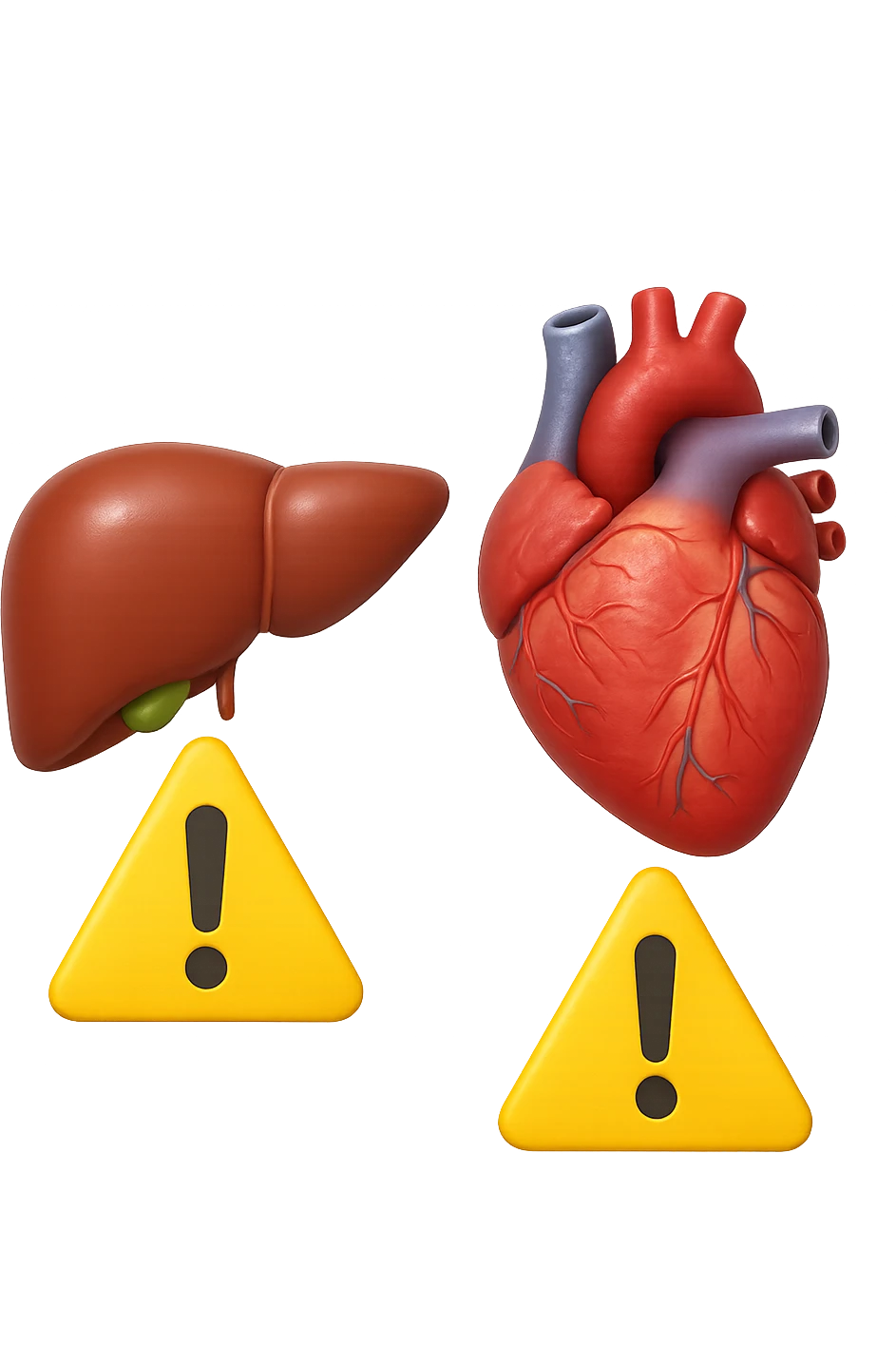 emoji stile iphone di fegato e cuore anatomici realistici in 3d che fluttuano in aria insieme a segnali di pericolo, FALLO MOLTO REALISTICO IN 3D emoji