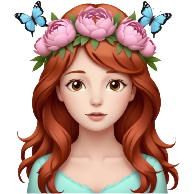 Woman with long flowing auburn hair wearing a pastel flower crown with big peonies and roses and butterflies in it emoji