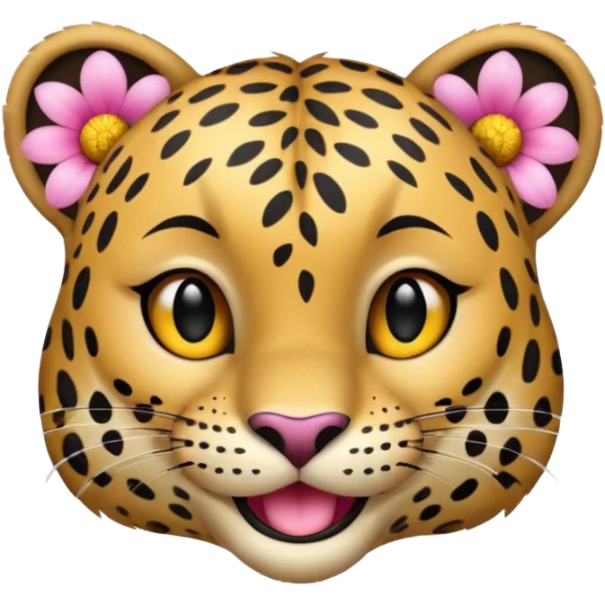 A leopard with big smile. A pink flower with a yellow center is tucked behind its right ear
 emoji