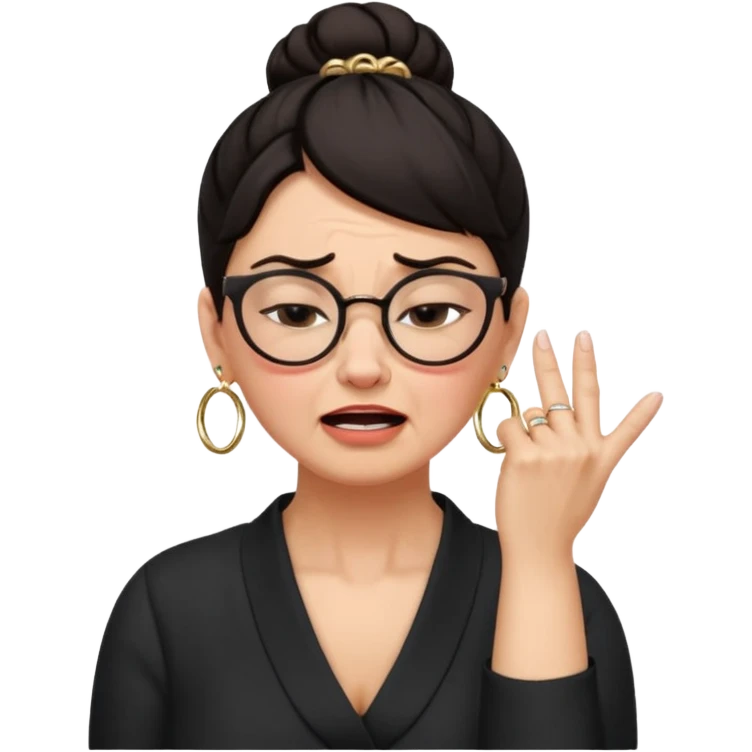  middle aged woman with dark hair pulled up in a high bun, wearing round ring earrings and glasses with a very painful expression on her face, eyes squeeed shut, wincing in pain, sticking her fingers in her ears trying to not hear a terrible singer who is too loud and out of tune.  emoji