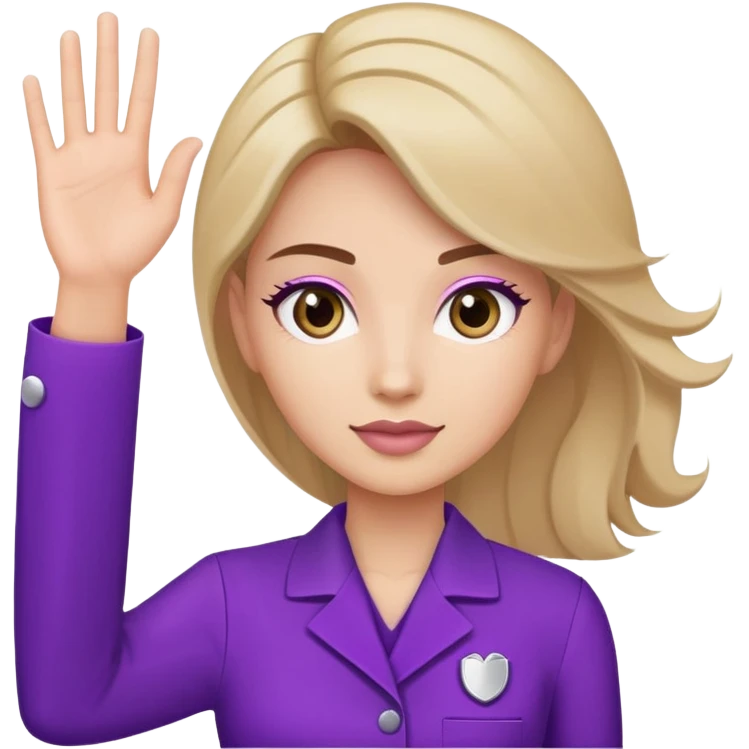 A woman raising her hand, wearing a purple beauty salon work uniform with a professional appearance emoji