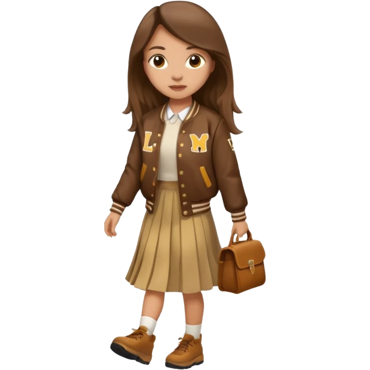 black color, light skin  long hair girl with brown varsity jacket and long skirt walking  emoji