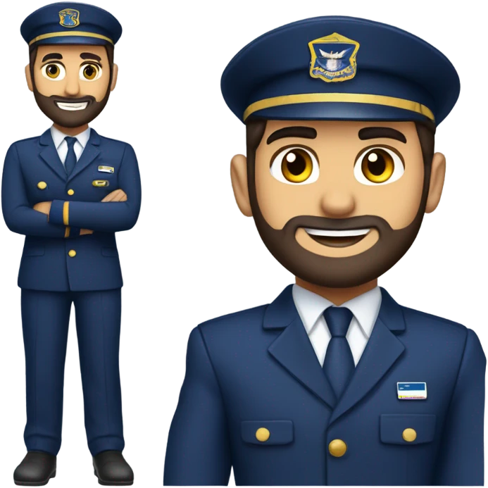 Male Persian Flight attendant with beard at United airlines navy blue uniform 2 epaulet stripes emoji