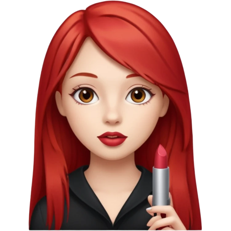 una chica con un pintalabios en la mano de 18 años, de piel blanca con el pelo liso, largo y pelirrojo, ojos marrones emoji