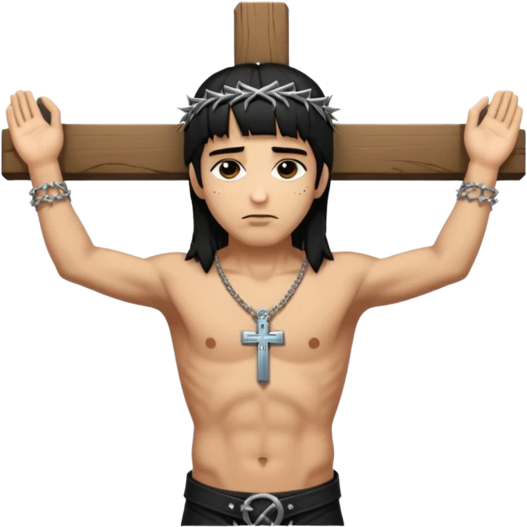 jesus-body-on-the-cross, man, crucifix, black hair, punk hair, punk bangs emoji