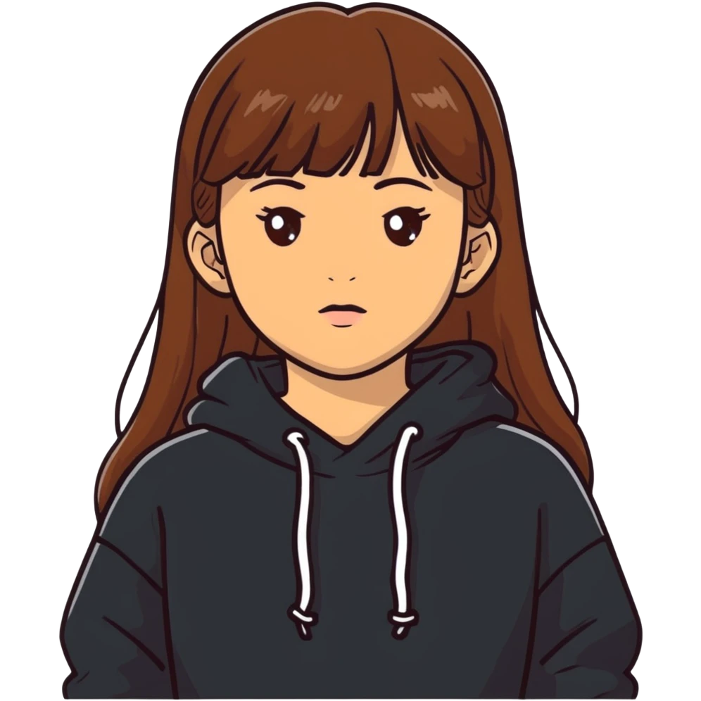 Light skinned girl with brown eyes, long brown hair with bangs, wearing a black sweatshirt emoji