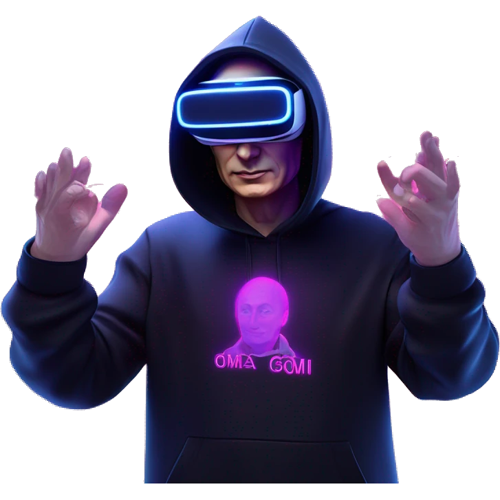 Vladimir Putin wearing a black hoodie with "OMG" letters on it and VR headset oculus quest 2 in a cyberpunk VR environment with violet neon lighting. emoji