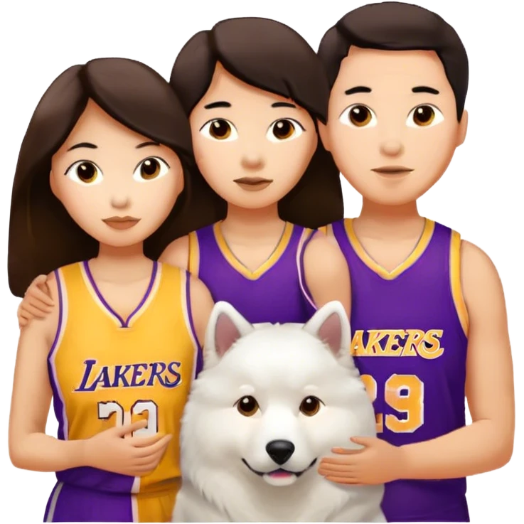 Brunettte asian couple with a Samoyed . Long hair brunette female. Short hair brunette male with lakers jersey.  emoji