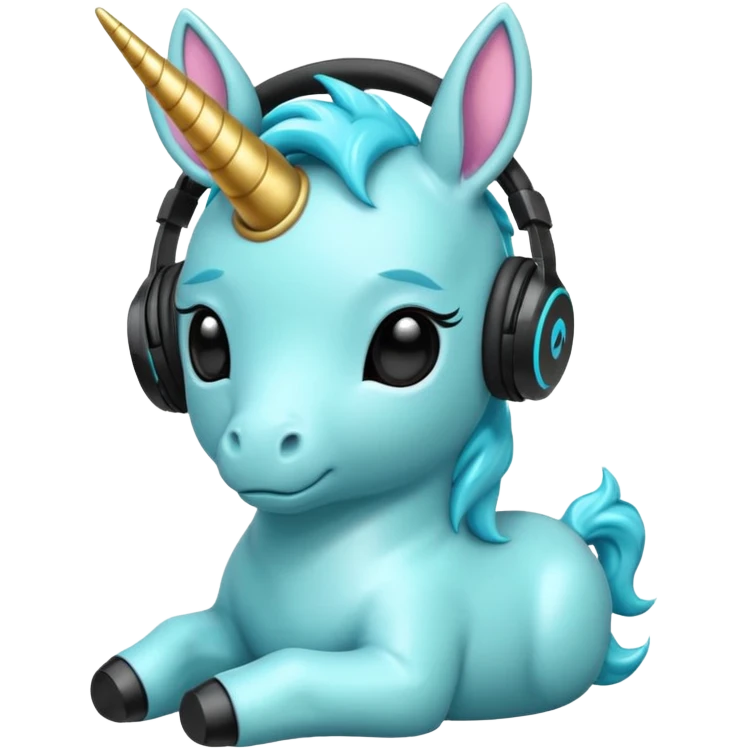 Unicornio bebé cyan sentado escuchando música con auriculares negros emoji