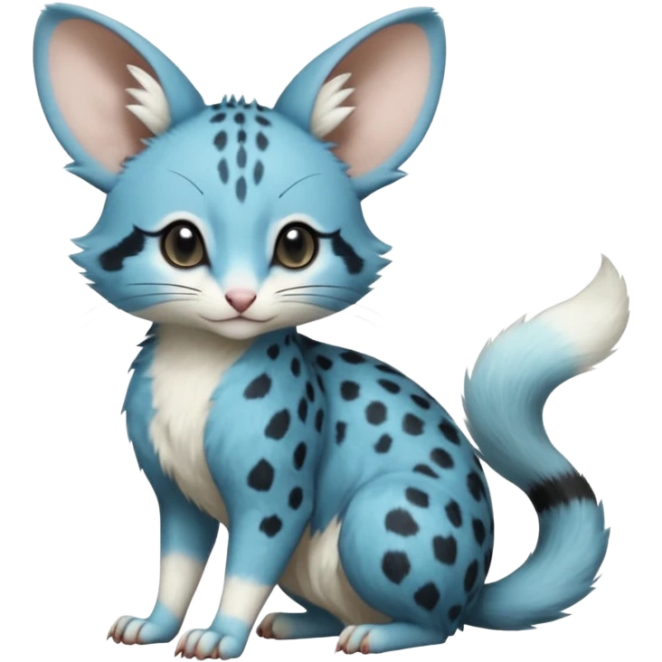 Cyan-blue, soft realistic romantic vintage antique divine beautiful elegant pretty precious cute young youthful  Fakémon-Pokémon-opossum-feline-mouse-serval-caracal-chinchilla-Minccino-Cinccino-Meowstic-rodent-hybrid-creature with a big fluffy bushy tail (full body) emoji