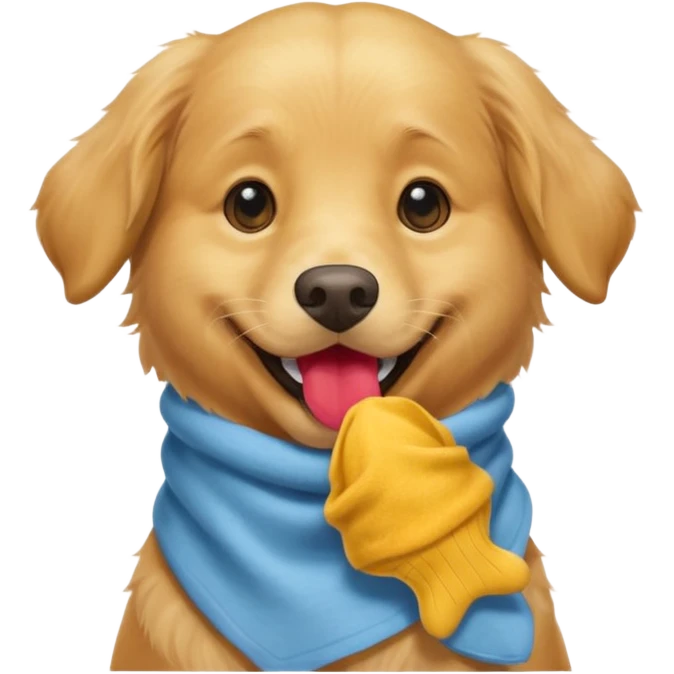 Golden retriever with a big smile holding a sock in its mouth emoji