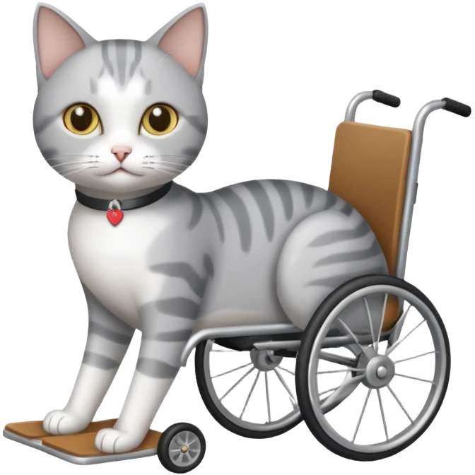 grey and white cat in a wheelchair designed for cats to walk emoji