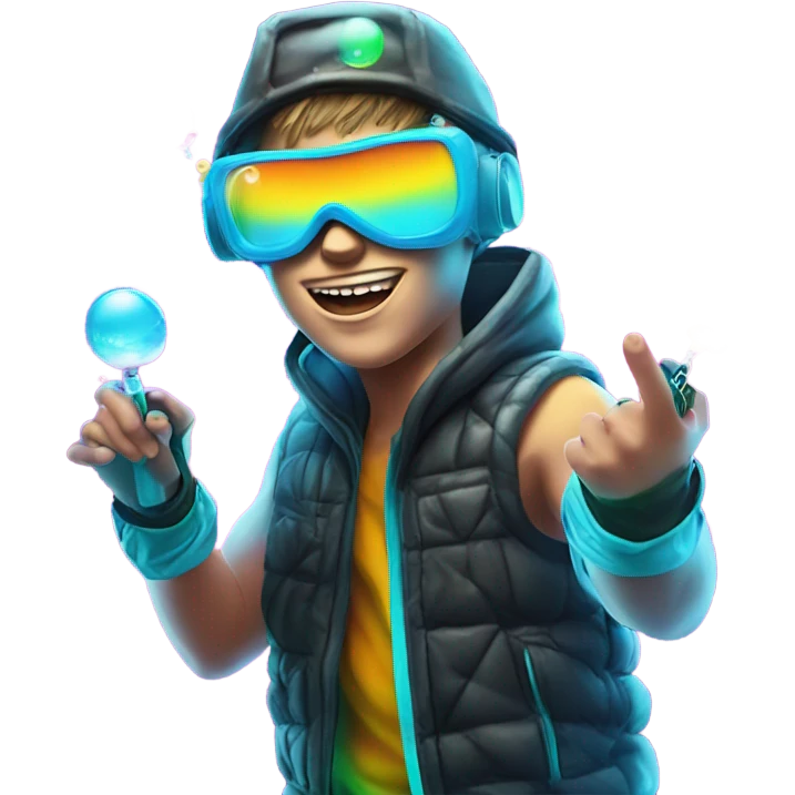 Caucasian boy in glowing rave outfit with mask, sunglasses, and headgear, shooting bubbles out of a water gun emoji