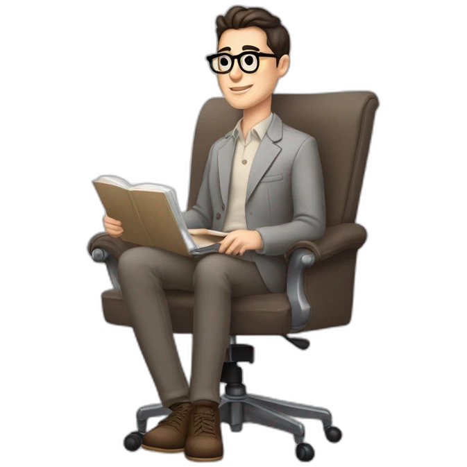 Pale skinned Fit Man With dark brown hair in gray jacket, beige office shirt and vintage glasses sitting In a soft chair with a notebook with emblem Ψ and a pen in his hands emoji