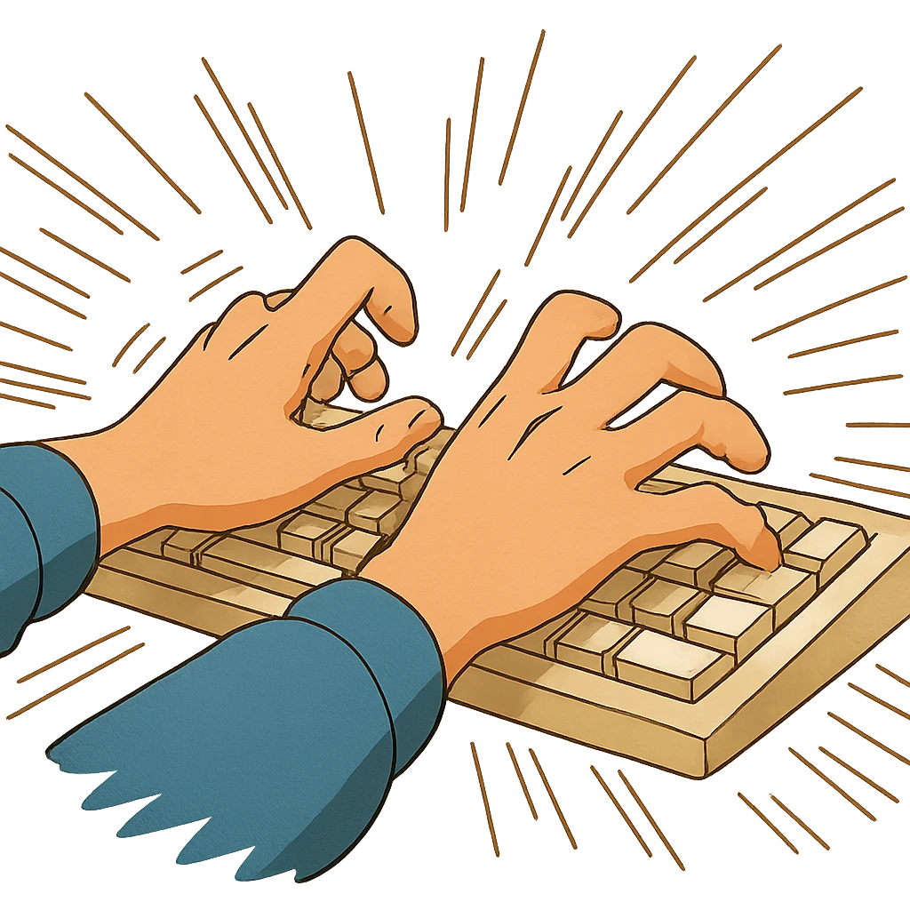ghibli style hands typing rapidly with motion lines, energetic emoji