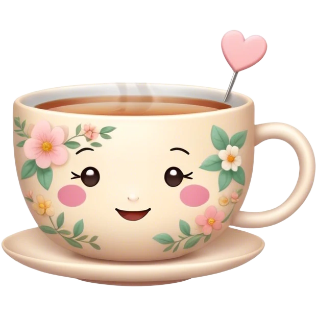 Cute Kawaii Tea Cup, steaming with warmth, a charming smiling face, soft pastel tones, delicate floral patterns, a tiny heart-shaped tea bag tag, cozy and inviting! emoji