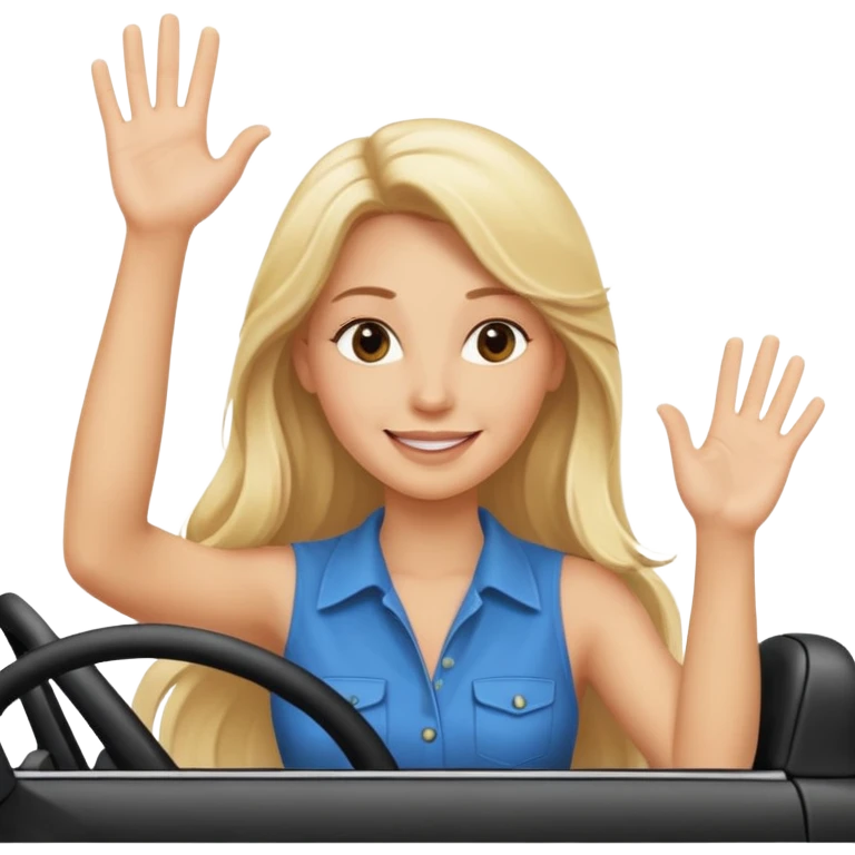 blonde long hair woman driving car. one hand up Happy face confidence emoji