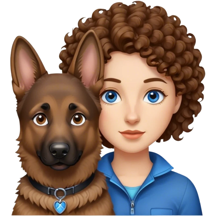 Woman mit Curly brown hair und helles Haut mit blaue Augen dazu der Deutscher Schäferhund  emoji