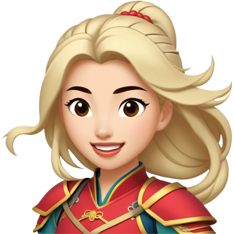 Cinematic Playful Mulan Portrait Emoji, Mid-laugh with a strand of hair falling over her face, adjusting her armor, eyes full of adventure, exuding an irresistible mix of beauty and fun, the perfect blend of warrior and princess! emoji