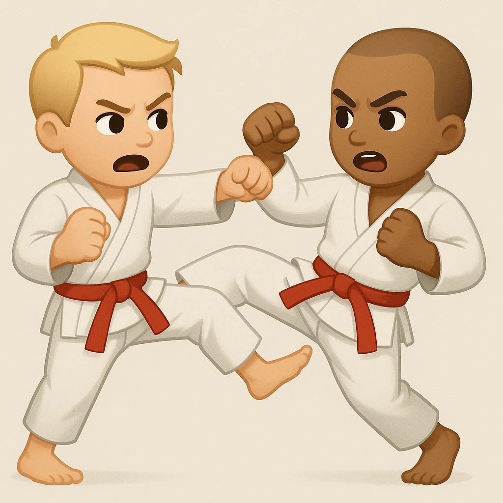 Create an image of two martial artists fighting, sparring or exchanging kicks and punches, in emoji style. The style should reflect the look of emojis with simple and concise features. emoji
