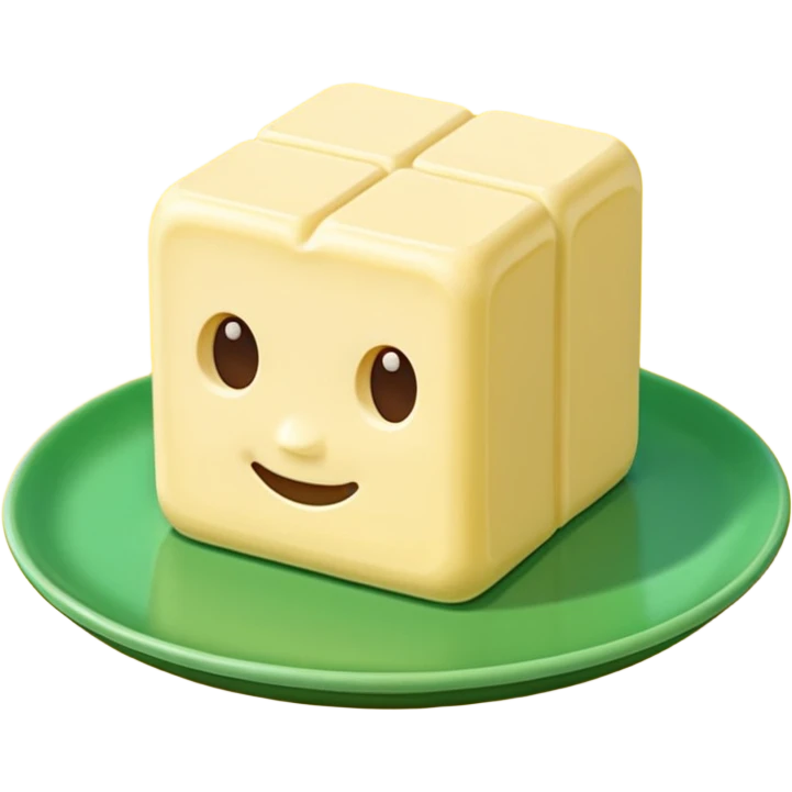 A 3D cartoon butter block identical to dairy butter, subtle green plate or tone difference, Memoji-style emoji