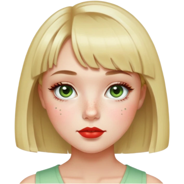 girl with blonde bob, short bangs, light green eyes, eyeliner, blush, freckles, red lips, square face emoji