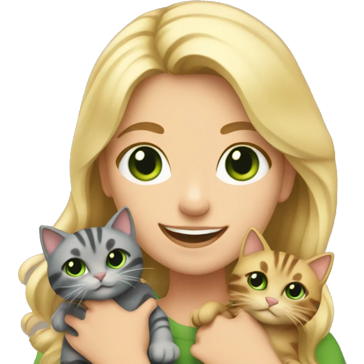 Me( blond girl with green eyes) smiling and holding bunch of cats emoji