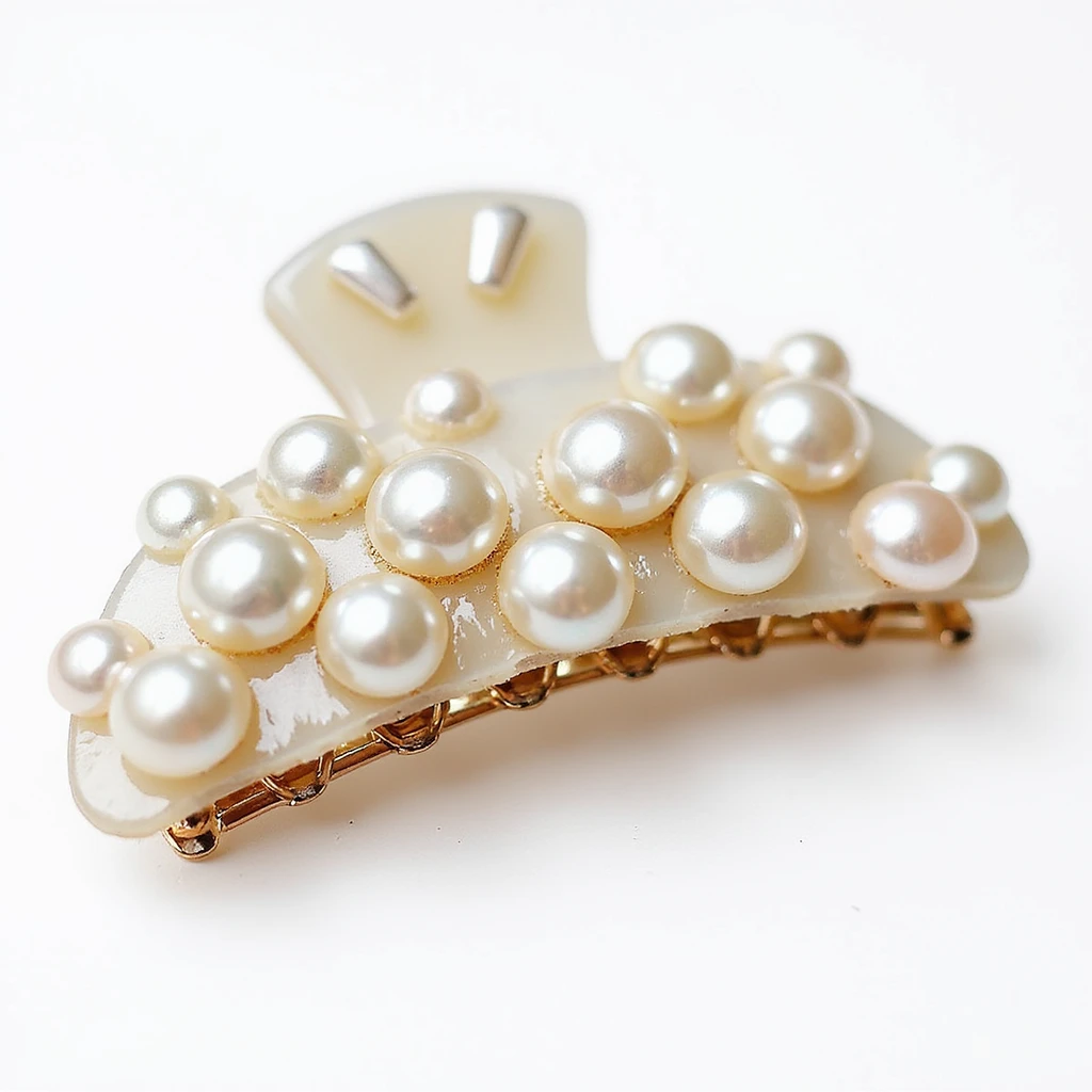 realistic hairclip with pearl inlay, photorealistic, isolated, no hair, neutral background emoji