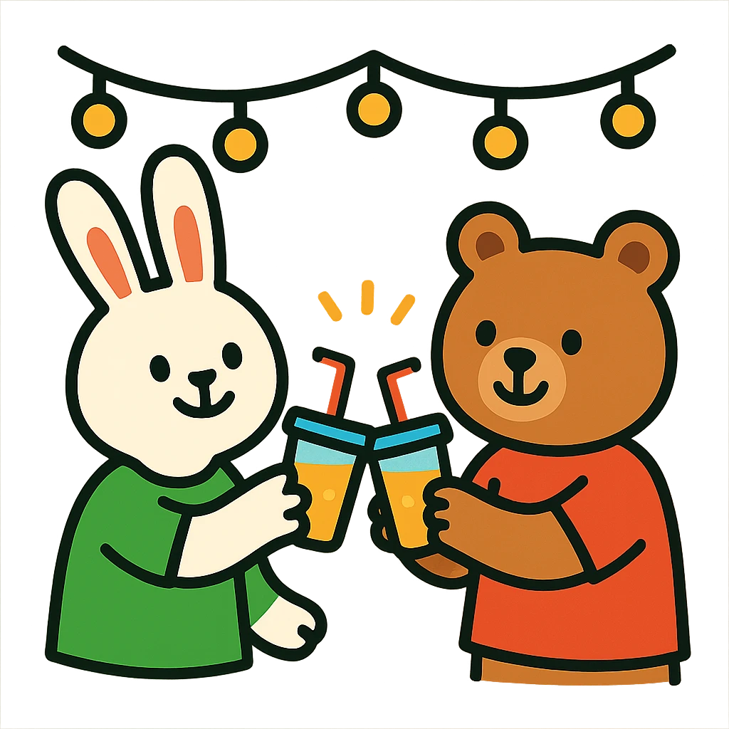 bunny and bear clinking juice cups under string lights emoji