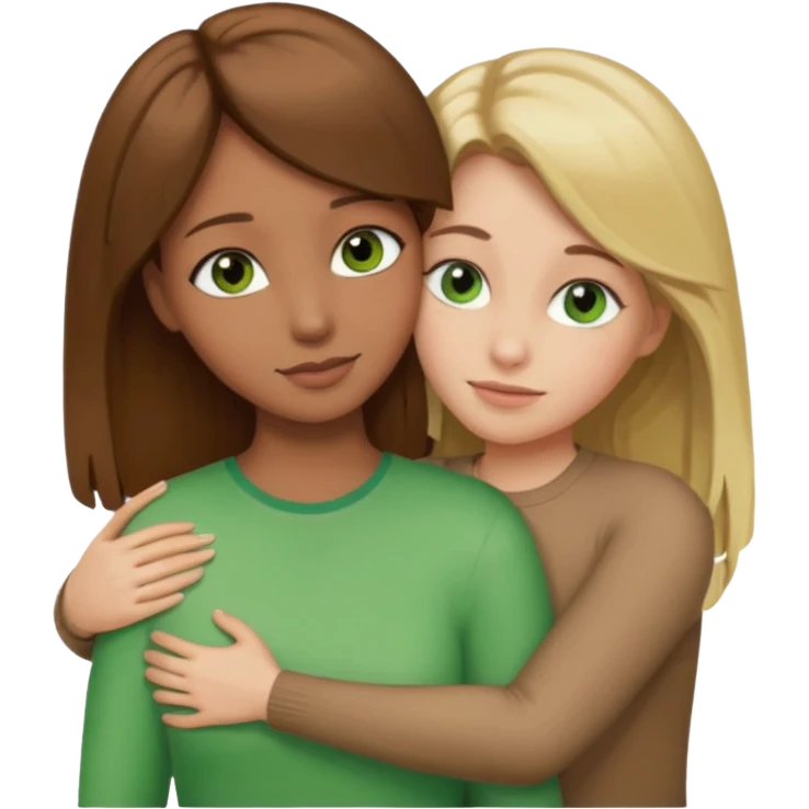 Maman cheveux marrons yeux marrons et fille cheveux blond yeux verts qui se font un câlin  emoji
