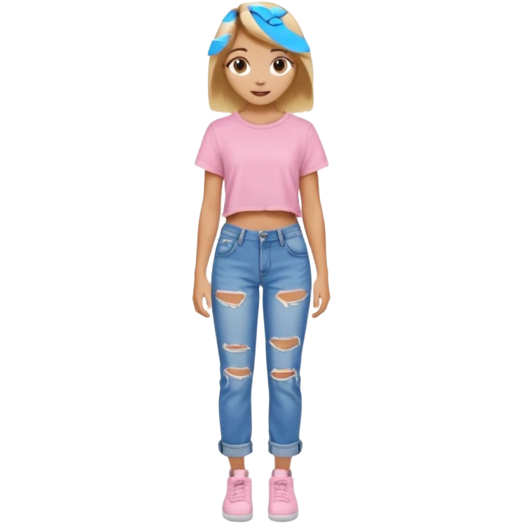 preppy teen girl, tan, blonde highlights, brown hair, long eyelashes, beach aesthetic, wearing cute clothes, sexy, wearing ripped blue baggy jeans with a light pink crop top, a little revealing  emoji