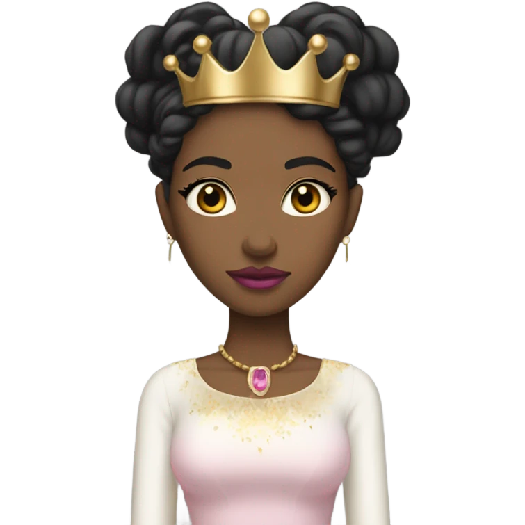 Queen with light skin, long black hair down,  pink lips, skinny gold crown, white dress, and blank stare. emoji