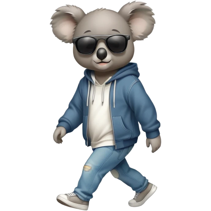 anthropomorphised koala full body wearing a hoodie and jeans dark sunglasses walking different pose emoji