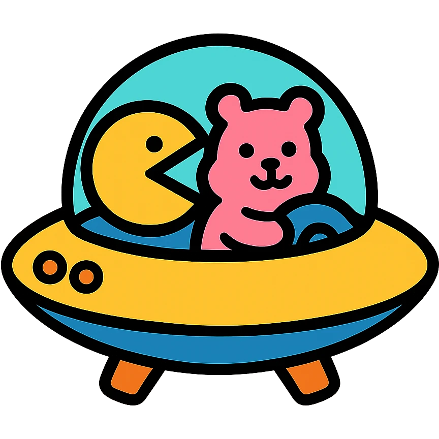 Pacman and Care Bears piloting a retro-futuristic spaceship emoji