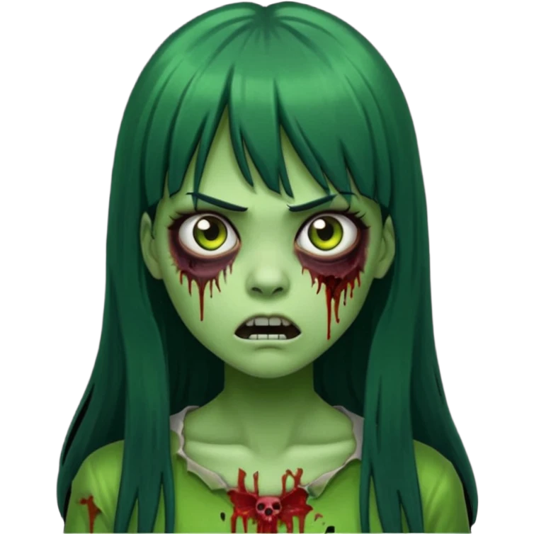 Faça uma menina de cabelo liso preto com franja zumbi cabelo longo 🧟‍♀️ faça ela assim faça ela verde com cara mais assustadora emoji
