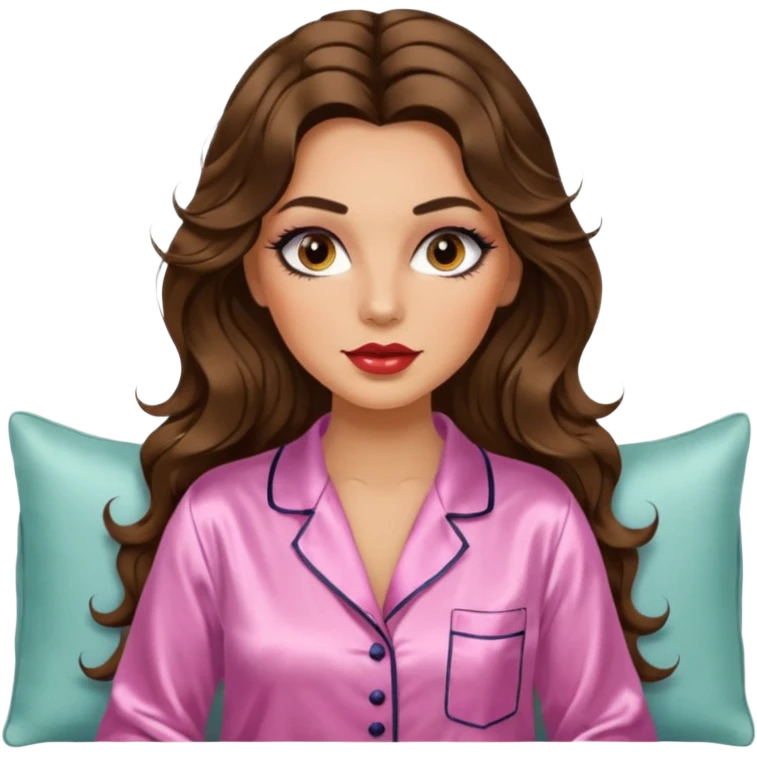 Woman with brunette hair light tanned skin reading on sofa. Long wavy hair. Beige ivory colours. Silk pyjamas. Realistic. Foxeye with lashes. Glamorous makeup emoji